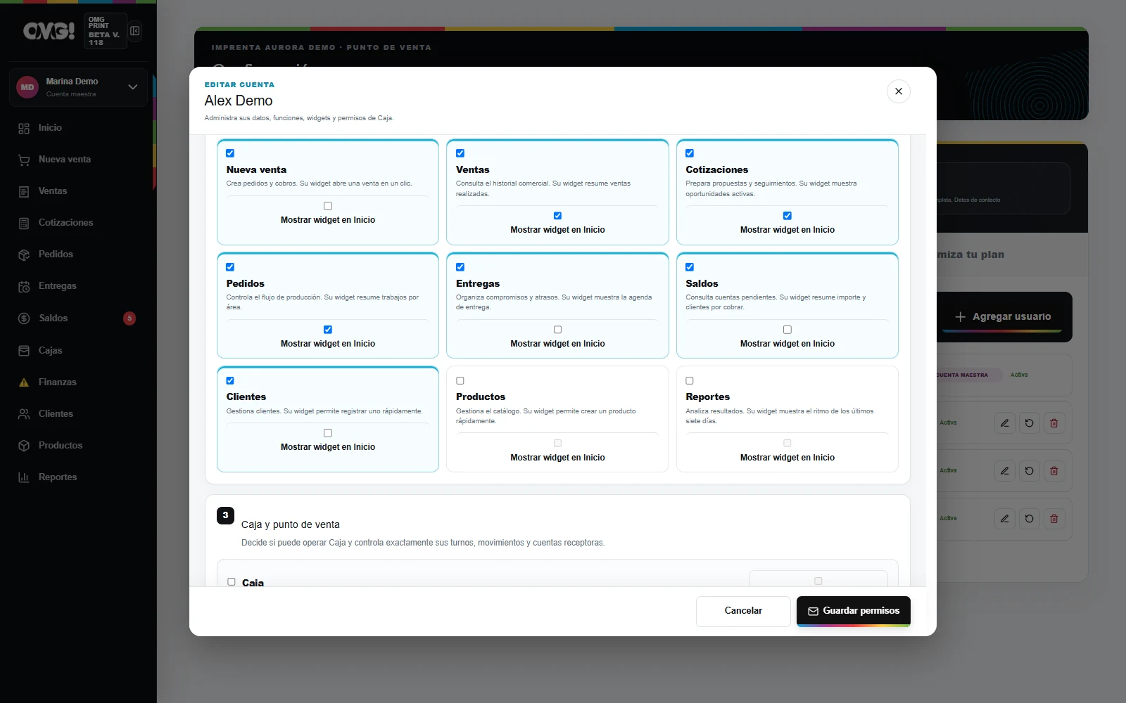 Configuración del equipo de OMG Print con usuarios y permisos ficticios.